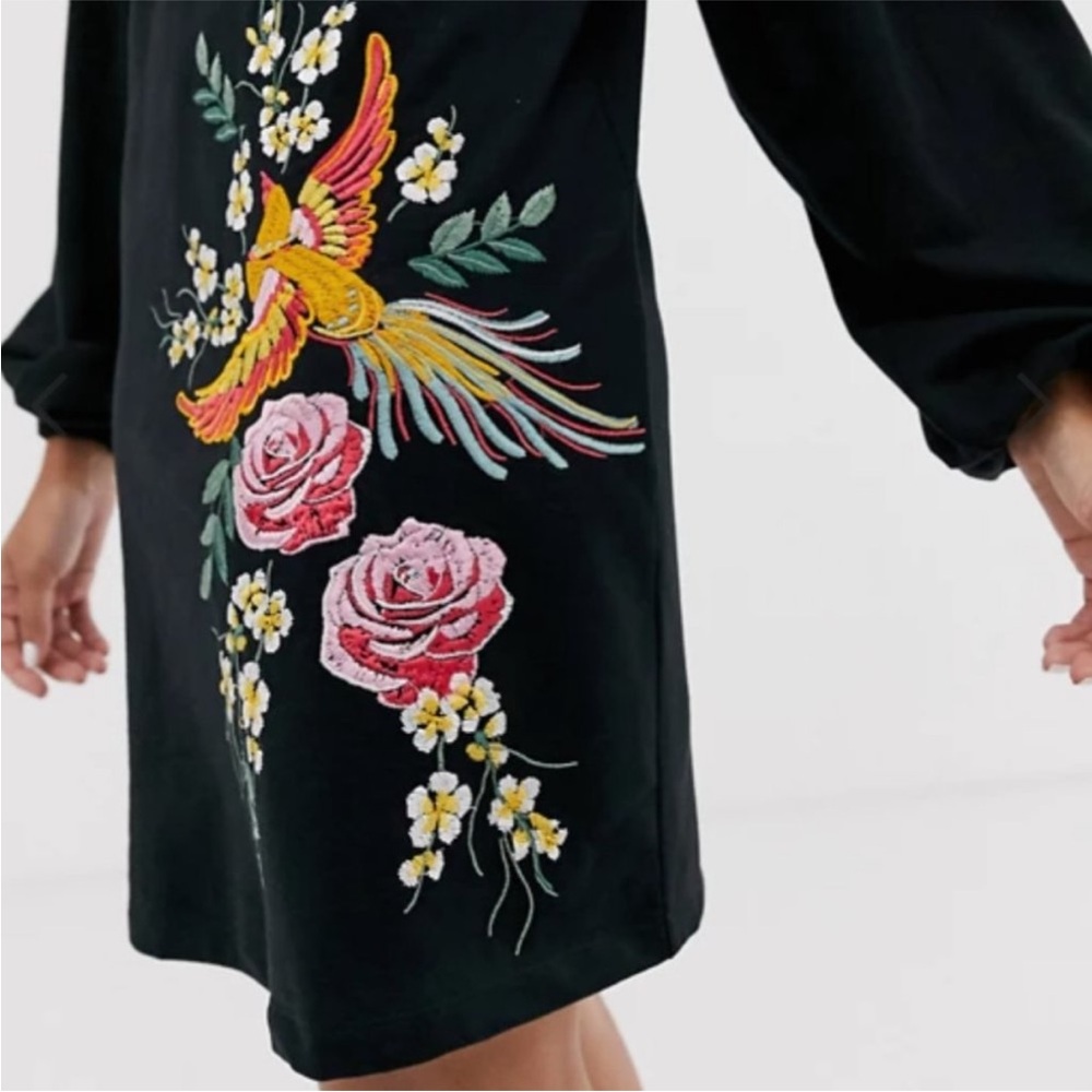 Asos Black Dress With Floral And Bird Embroidery